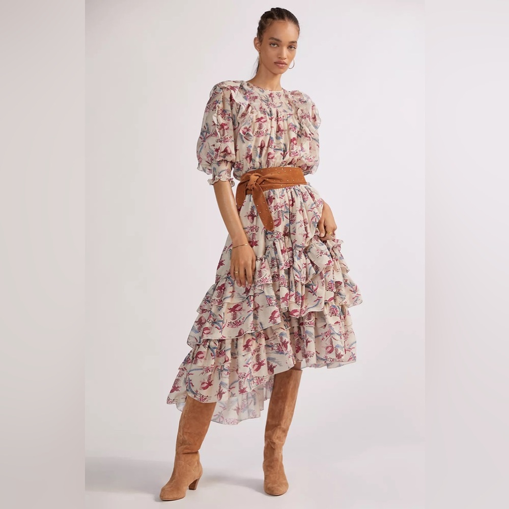 Magali Pascal Fine Floral Puff-Sleeved Midi Dress